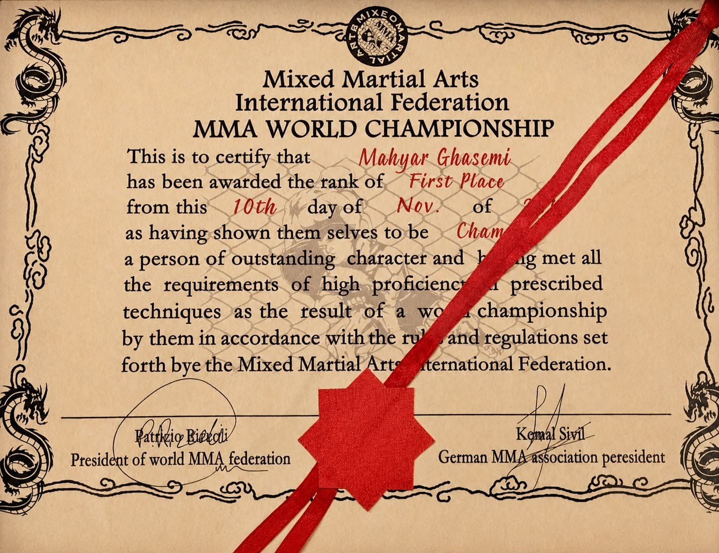 Mixed Martial Arts International Federation MMA World Championship certificate awarding first place to Mahyar Ghasemi